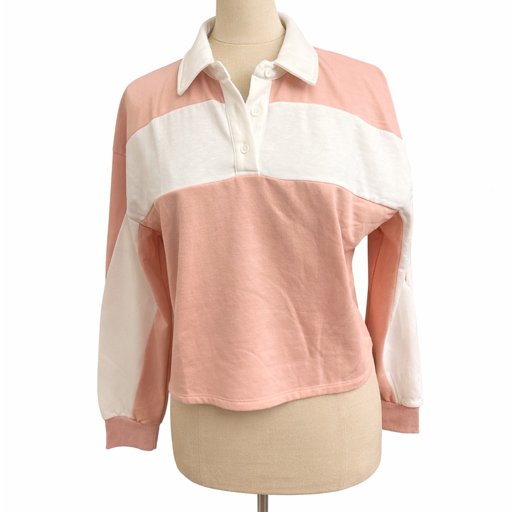 Rose Pink and White Rugby Style Polo Shirt Sweatshirt M NWT